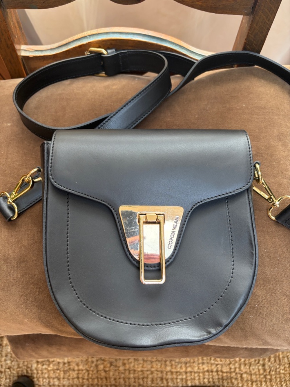 Giorgio milani Black Leather Crossbody Bag with Gold Hardware